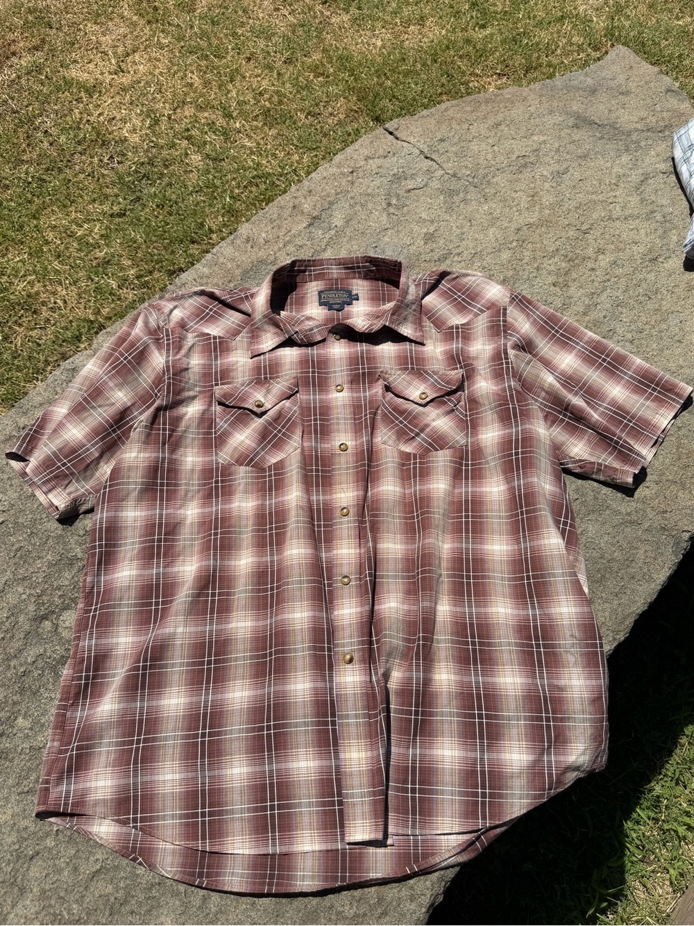 Pendleton Men’s Plaid Western Pearl Snap Short Sleeve Shirt Brown Tan